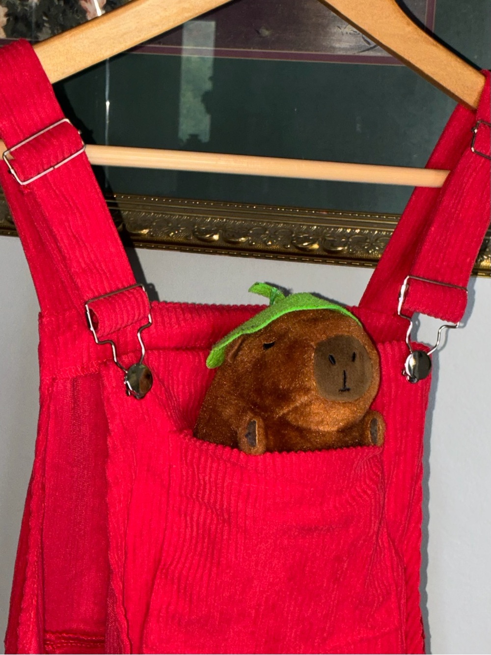 Cider Corduroy Mini Dress Overalls with Pocket in Bright Red